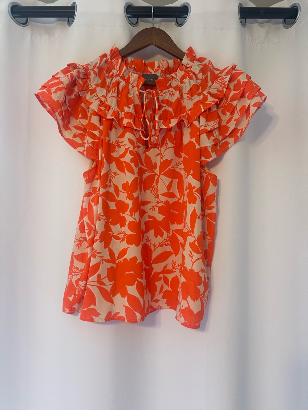 Ruffled Neck Floral Sleeveless Blouse - Orange & Cream